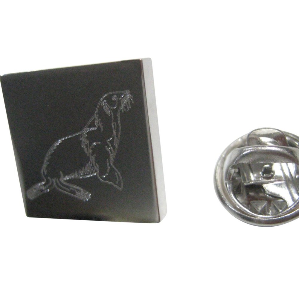 Silver Toned Square Etched Sea Lion Lapel Pin